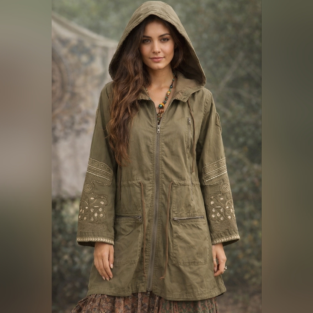 Olive Green Hooded Utility Jacket with Embroidered Sleeves